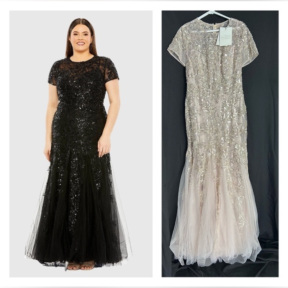 Mac Duggal 20623 NWT Size 12W Short Sleeve Heavy Applique Gown